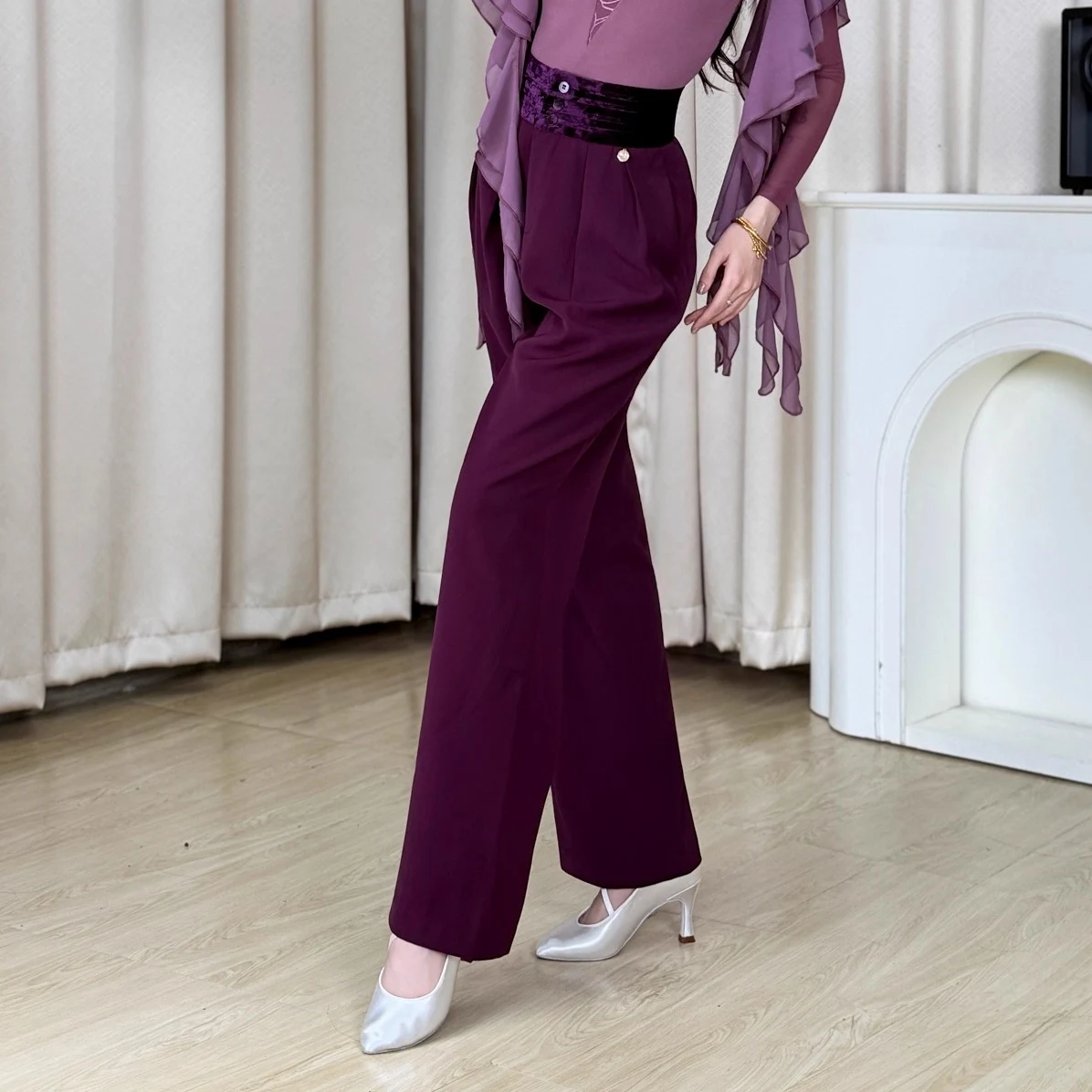 Pantaloni da ballo da sala viola Valzer Abiti da ballo latino Donna Pantaloni a vita alta a gamba larga Abbigliamento da ballo standard per adulti BL17693