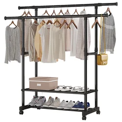 Double Rod Rolling Clothes Rack with Shelves Adjustable Height & Length Portable Metal Garment Rack with Wheels 2 Tier Shoe Rack