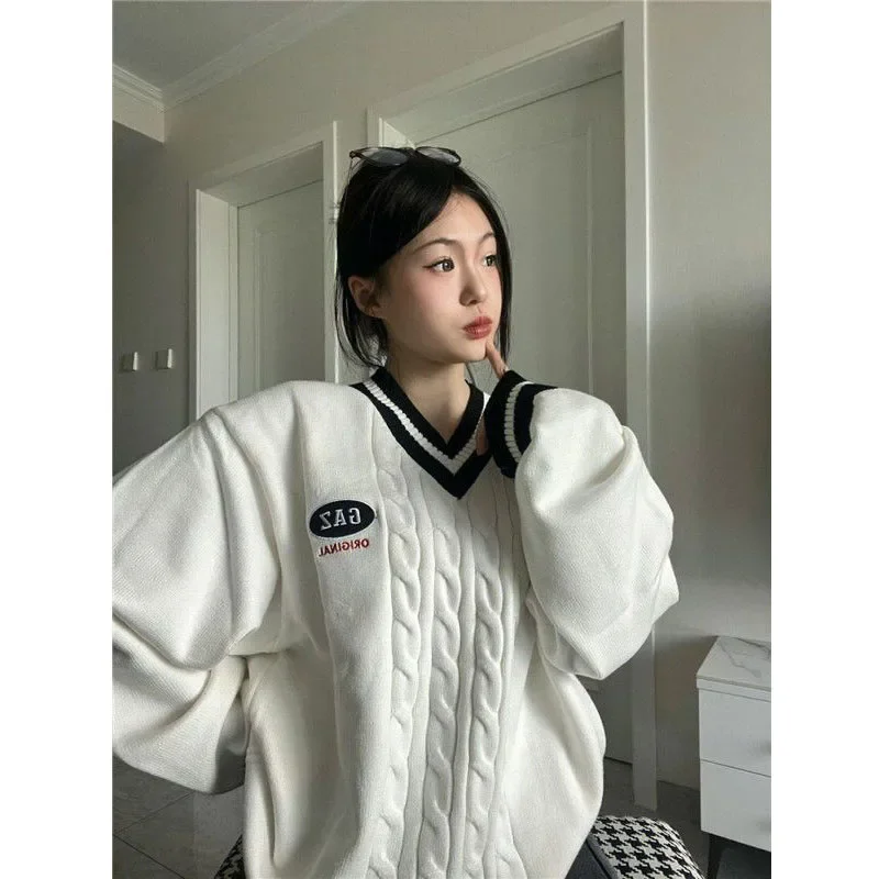 Koreaanse Stijl Oversized Truien Vrouwen Vintage V-Hals Gebreide Pullovers Vrouwelijke Preppy Look Japanse School Uniform Trui