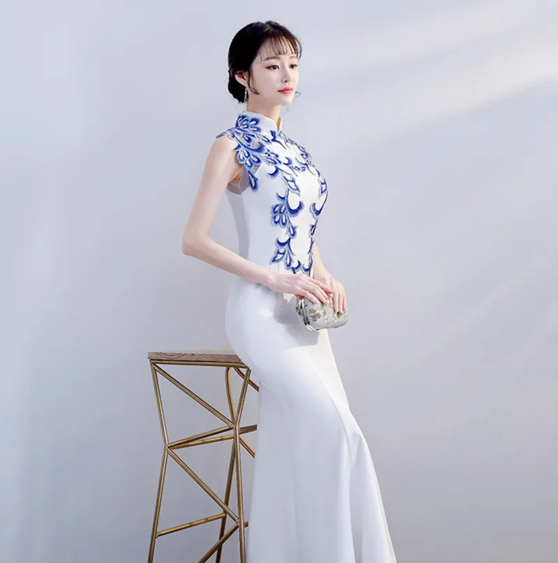 White Blue and Porcelain Sleeveless Cheongsam Banquet Fishtail Dress Young High-End Temperament Retro Catwalk Performance