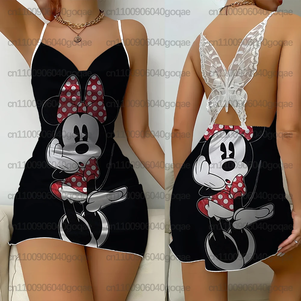 Pyjama Camisole de noël imprimé Mickey Mouse pour femmes, nouveau Style, robe en soie pour vêtements de maison pour femmes avec robe au dos en dentelle papillon