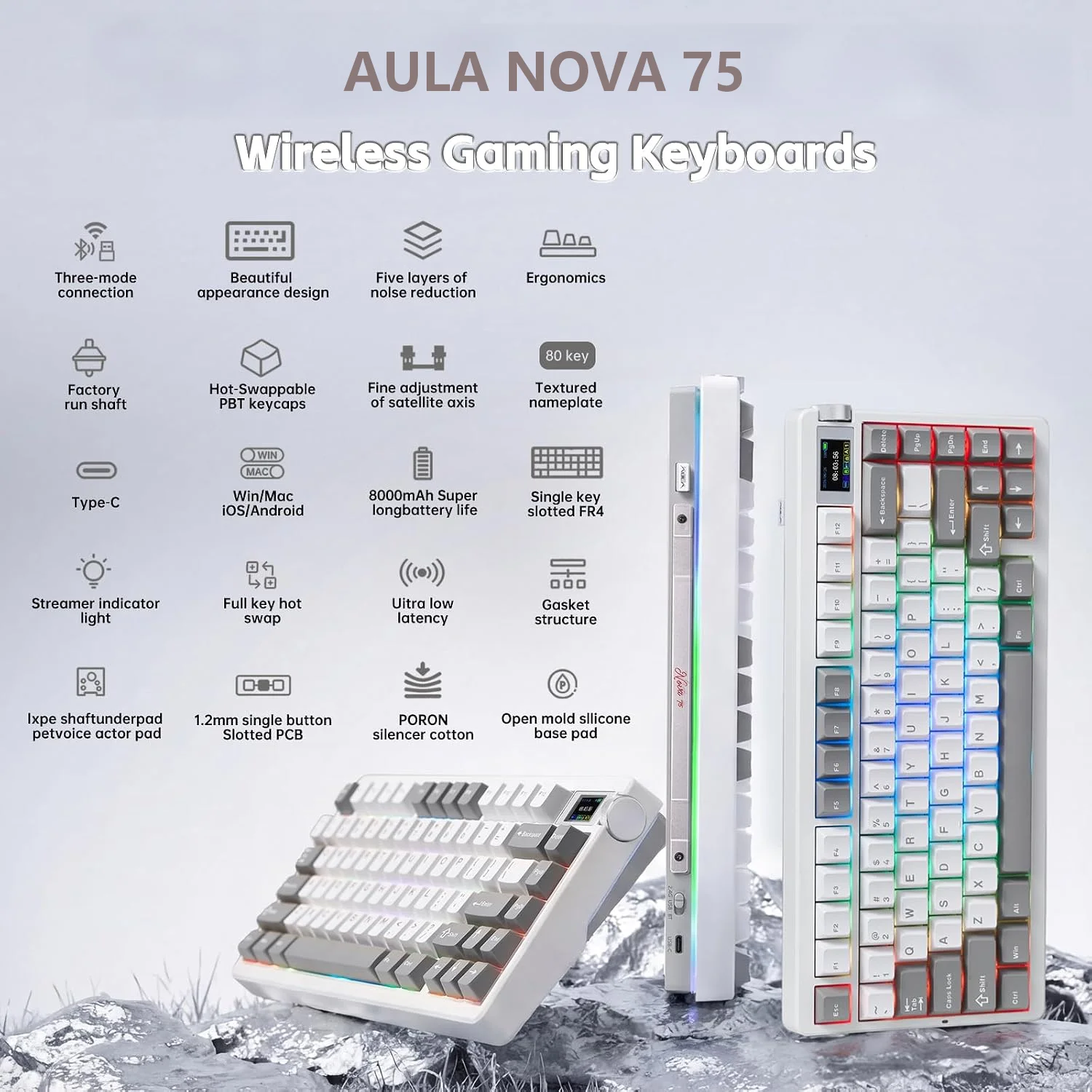 AULA NOVA75 80-Key Mechanical Gaming Keyboard Tri-Mode Wireless RGB Hot Swappable TFT Screen Knob