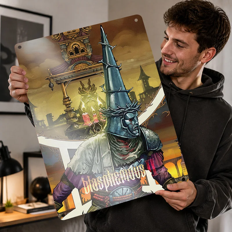 Blasphemous Textured Posters Customized Aluminum Metal Sign Pixel Era Culture Wall Art Ideal For Media Lounge Or Birthday Gift