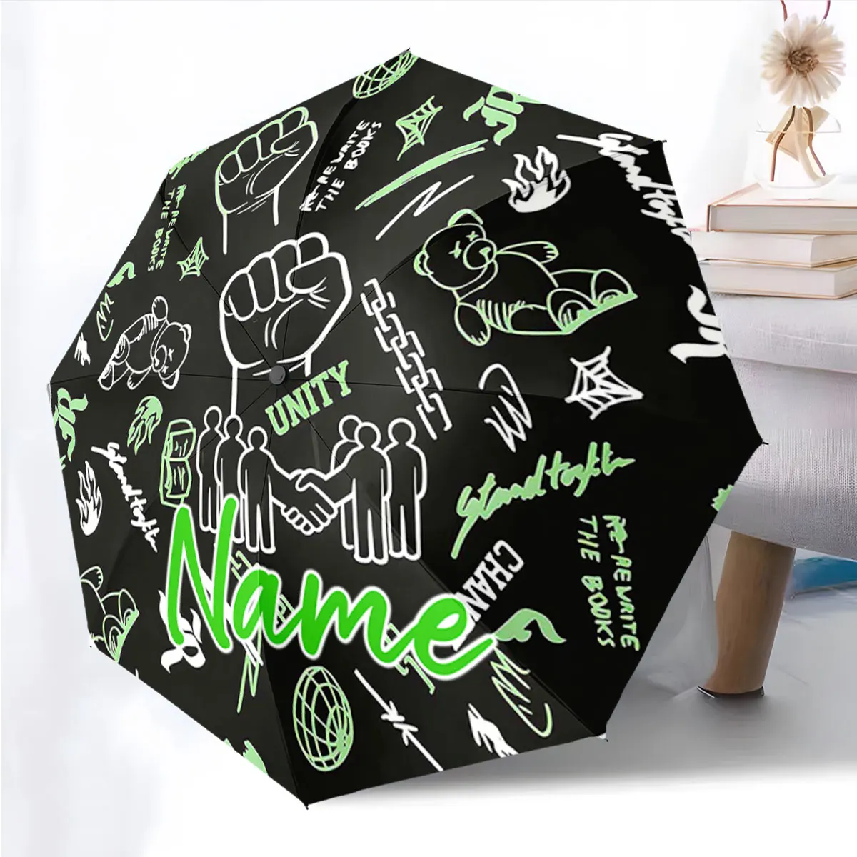 Parapluie élégant personnalisé avec impression graphique sur le thème de l'unité et de l'autonomisation, 8 baleines en fer, parapluie pliant à ouverture automatique, pare-soleil tendance.