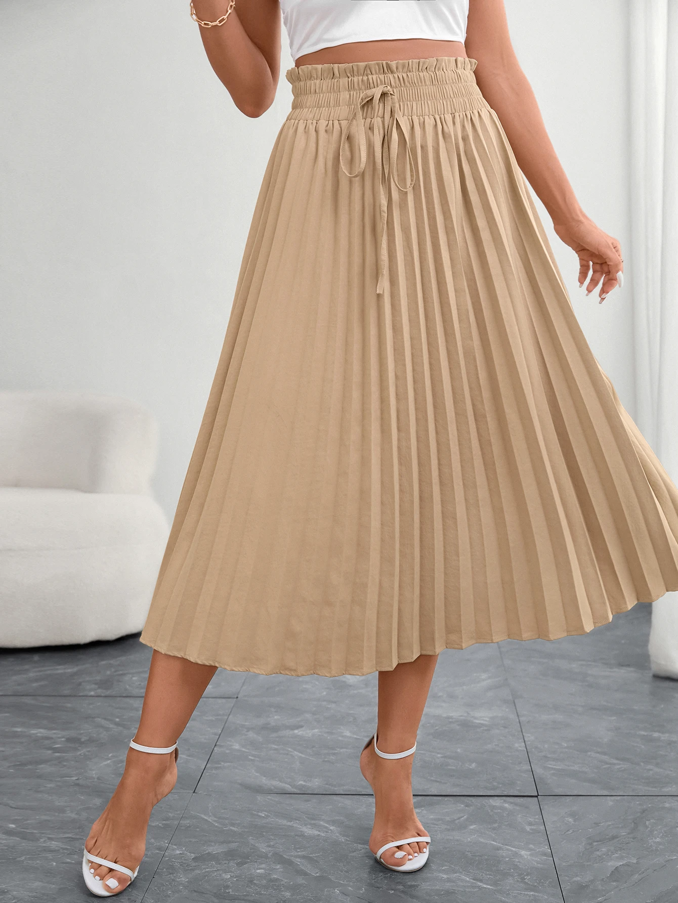 

Women's Beige Pleated Midi Skirt Elegant a Line Half Skirt with Elastic Waistband Perfect for Office Wear