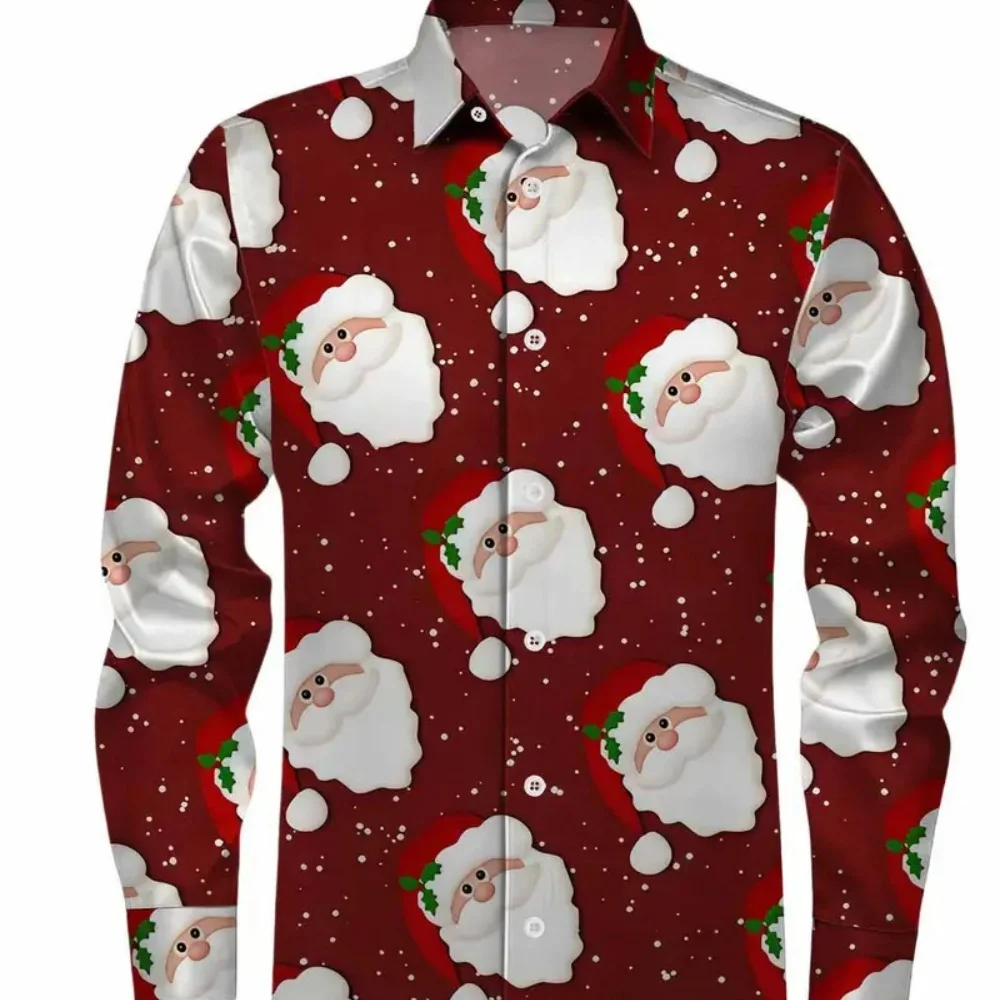 

New 2025 Men's Christmas Long Sleeve Shirt 3D Santa Claus Printed Button Collar Social Party Gift for Men