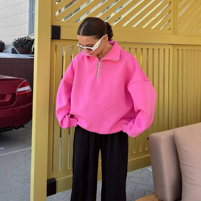 

Женские спортивные осенне-зимние толстовки, женские топы на молнии, свободные толстовки с длинными рукавами и лацканами, повседневный однотонный толстый топ