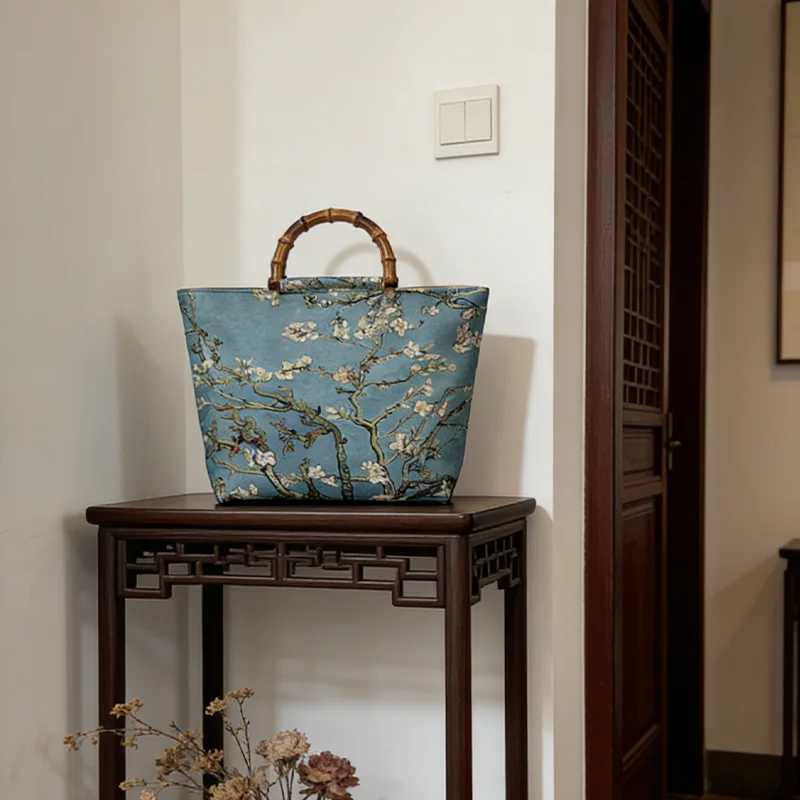 Women's Large Capacity Apricot Blossom Tote Bag, Vintage Bamboo Handle Handbag and Shoulder Bag