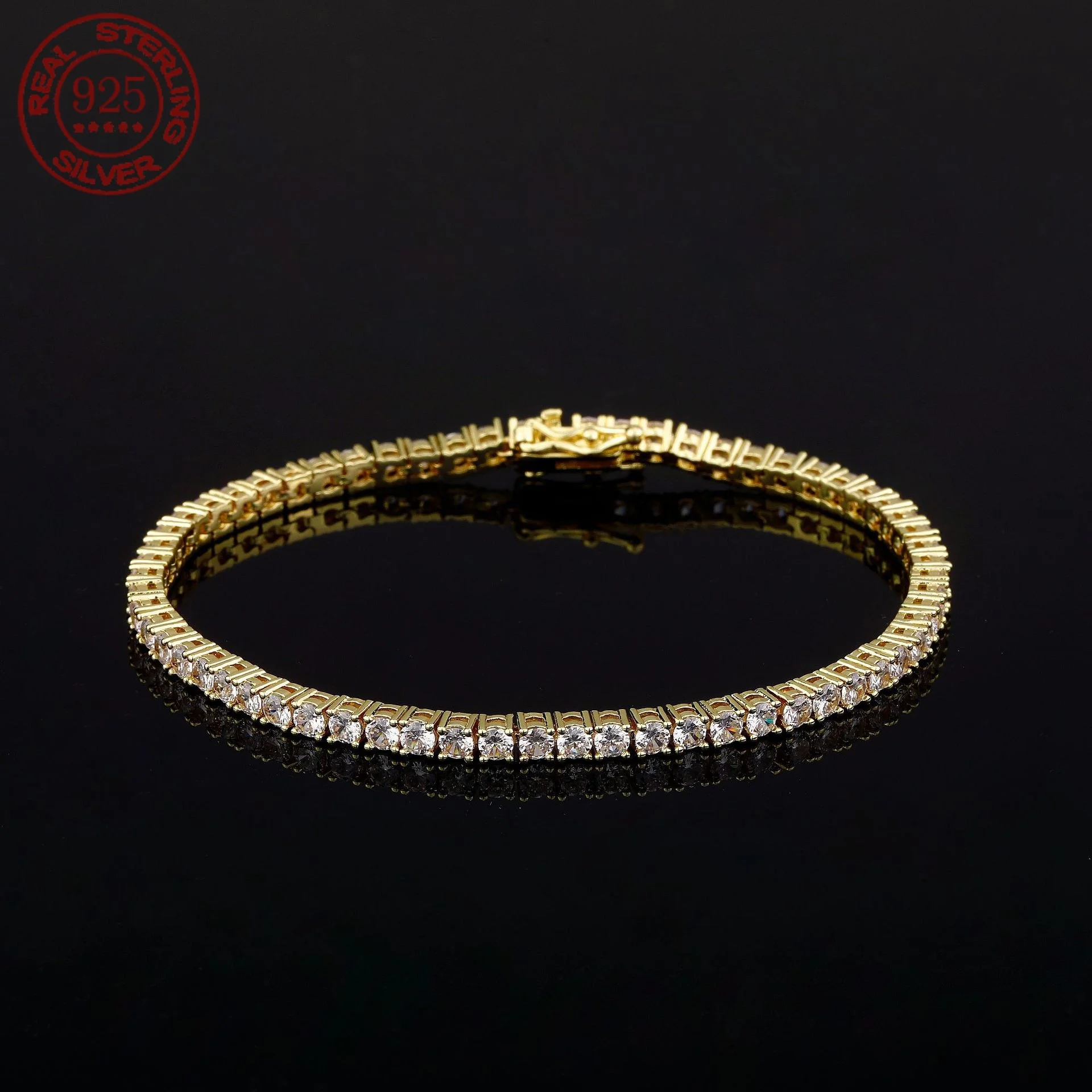 S925 Silver 18K gold plated Hip Hop Jewelry 1 Row Iced Out Tennis Chain Bling CZ Men Diamond Cubic Zirconia Choker Bracelet