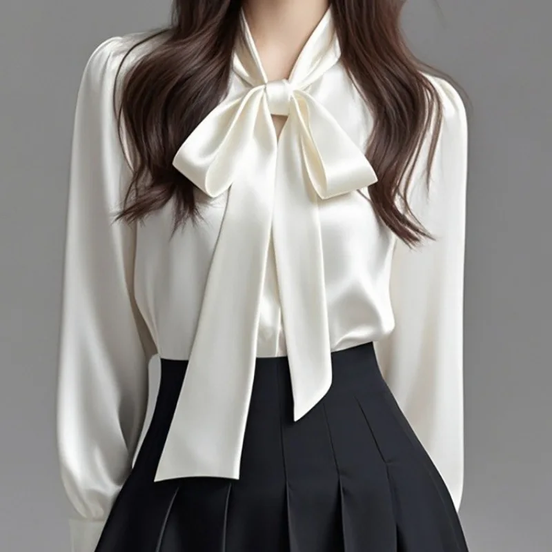 

New Elegant Satin Women's Shirt Spring Autumn New Style Butterfly Knot Solid Color Leisure Fashion Top Button up Women Clothing