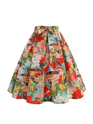 Floral Print Summer Skirt Women High Waist Swing 50s Vintage Retro Rockabilly Midi Pleated Skirts Faldas