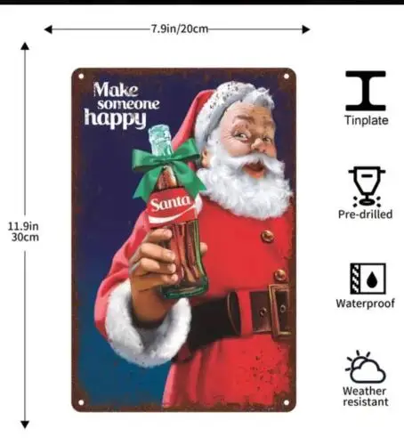 CHRISTMAS METAL TIN SIGN SANTA CLAUSE DRINKING SANTA COLA 