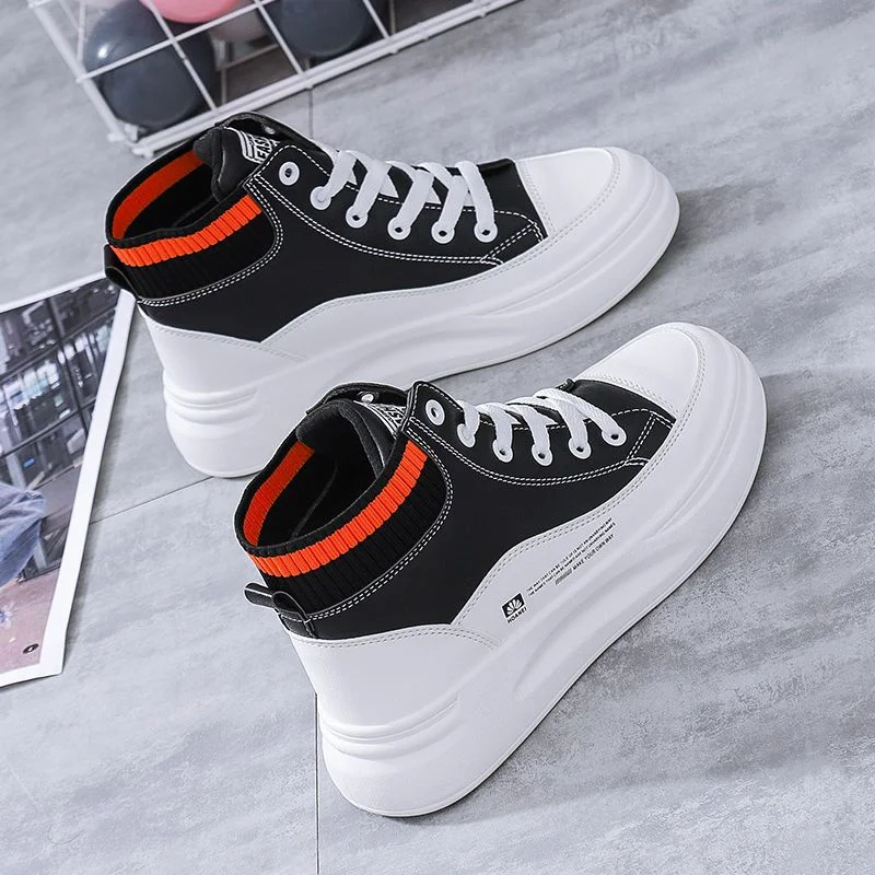 Black Women Sneakers High Top Fashion 2022 Breathable White Sport Shoes Platform Chunky Heel Wedge Leather Tennis Female Baskets