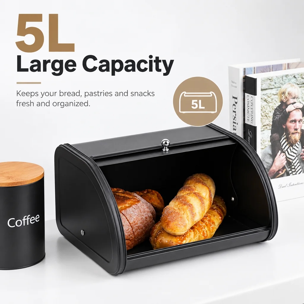 Metal Roll Top Bread Box Kitchen Counter Storage Box Retro Bread Holder Food Container for Bread Home Countertop Organizer