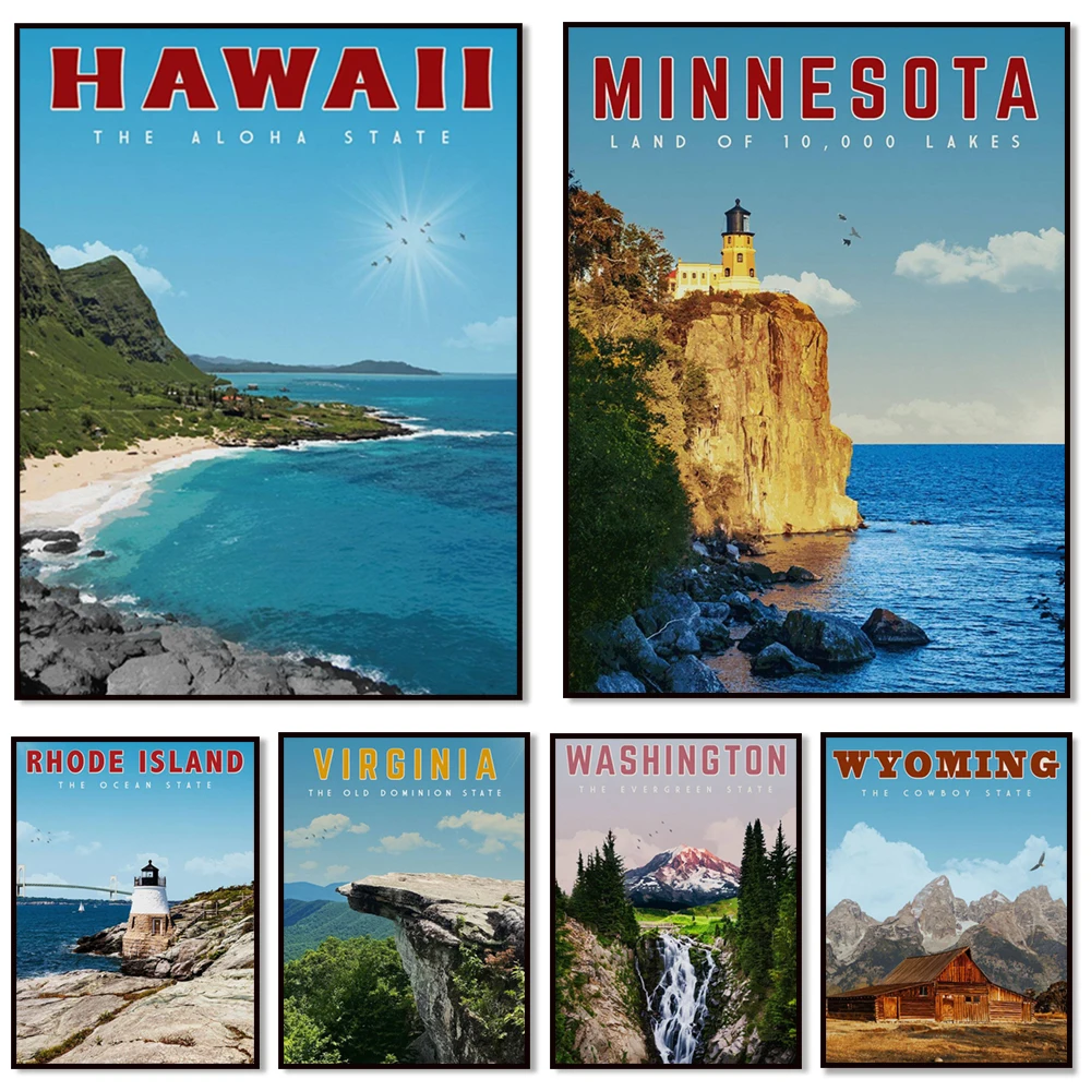 

Mount Rainier, Theodore Roosevelt National Park, Oregon, Hawaii, Maine, Minnesota, New Hampshire, Rhode Island travel posters