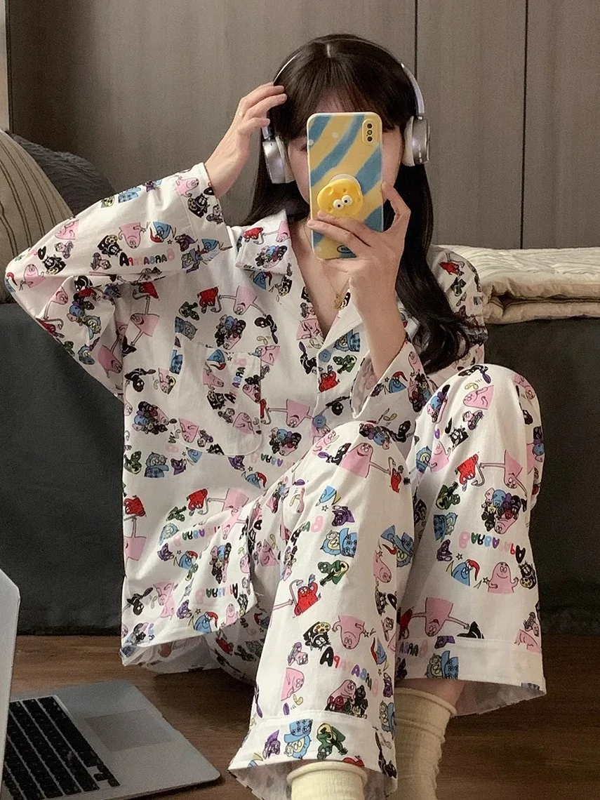 

Pure Cotton Long Sve Long Pants Spwear Women's Sle Cartoon Babar Cardigan Couples Home Clothes Spring Autumn New Arrival