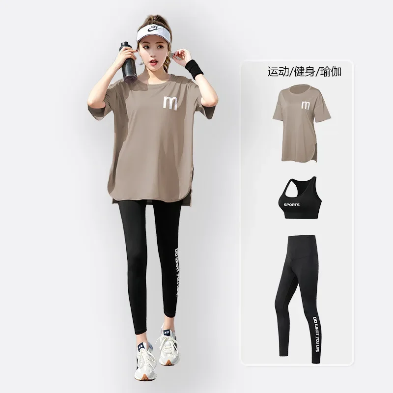 

Yoga fitness suit set, exercise running gym, plus size to cover the belly and show off weight, loose short sleeved outdoor