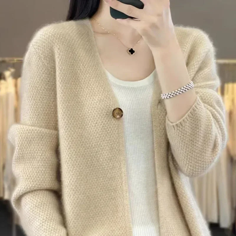 Cashmere Cardigan Sweater for Loose Casual V-Neck Women A Button Autumn Winter New  Solid Color Soft Knitted Woolen Top 2024