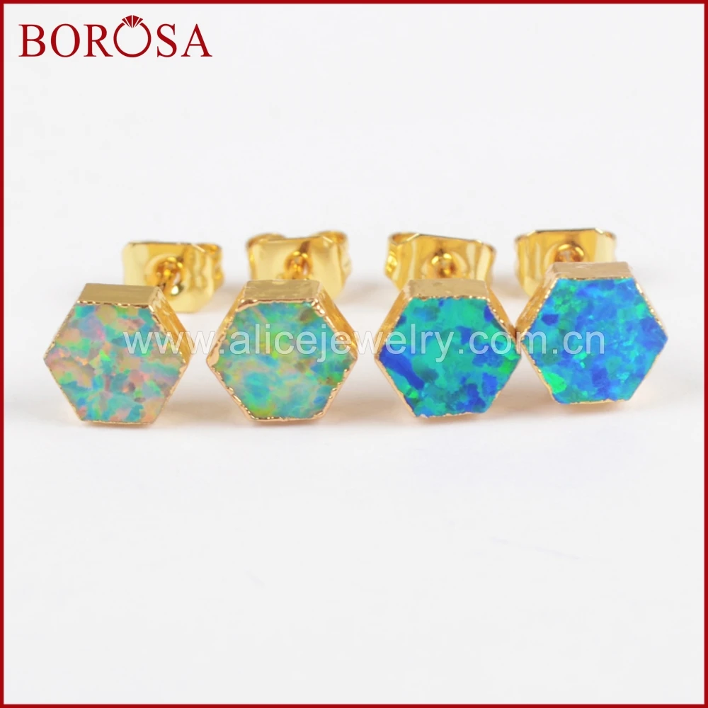 5Pairs Hexagon Shape Gold Plated Blue Opal Stud Earring for Women Unique Earrings Jewelry Gift for Her