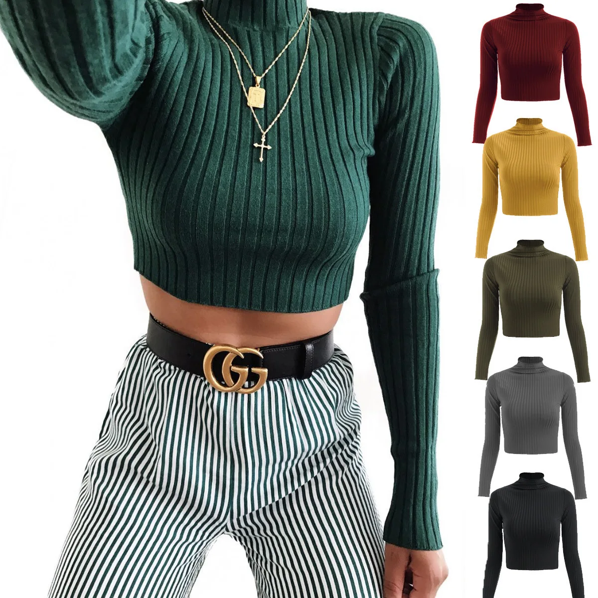 

Sexy Streetwear Long Sleeve T-Shirt Women Turtleneck Slim Club Solid Knitted Crop Top Autumn Elastic Classic Casual Ladies Tops