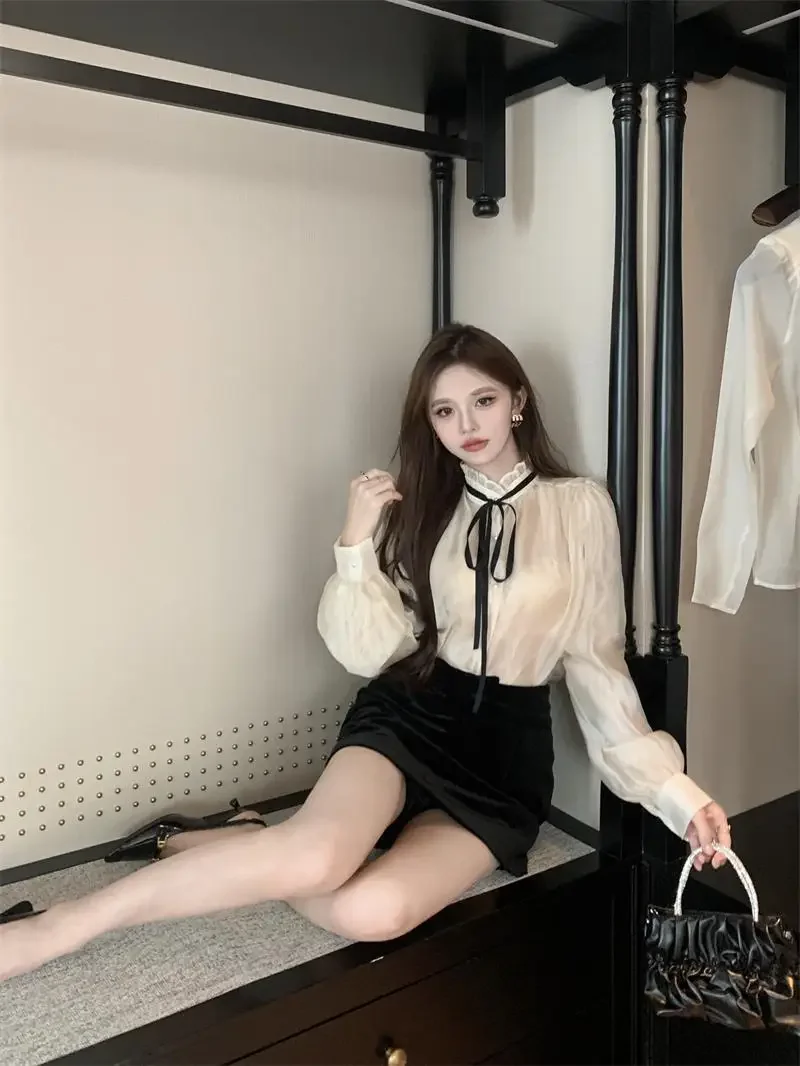 

Spring Summer New Palace Style Top Blusas Camisas De Mujer Chiffon Shirts French Standing Collar Tie Up Long Sleeved Blouse Thin