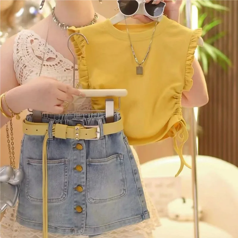 

Girls' Summer Clothing Set 2025 New Fashionable Korean Style Short Sleeve Children's Denim Skirt Pants Two Piece Set Trendy