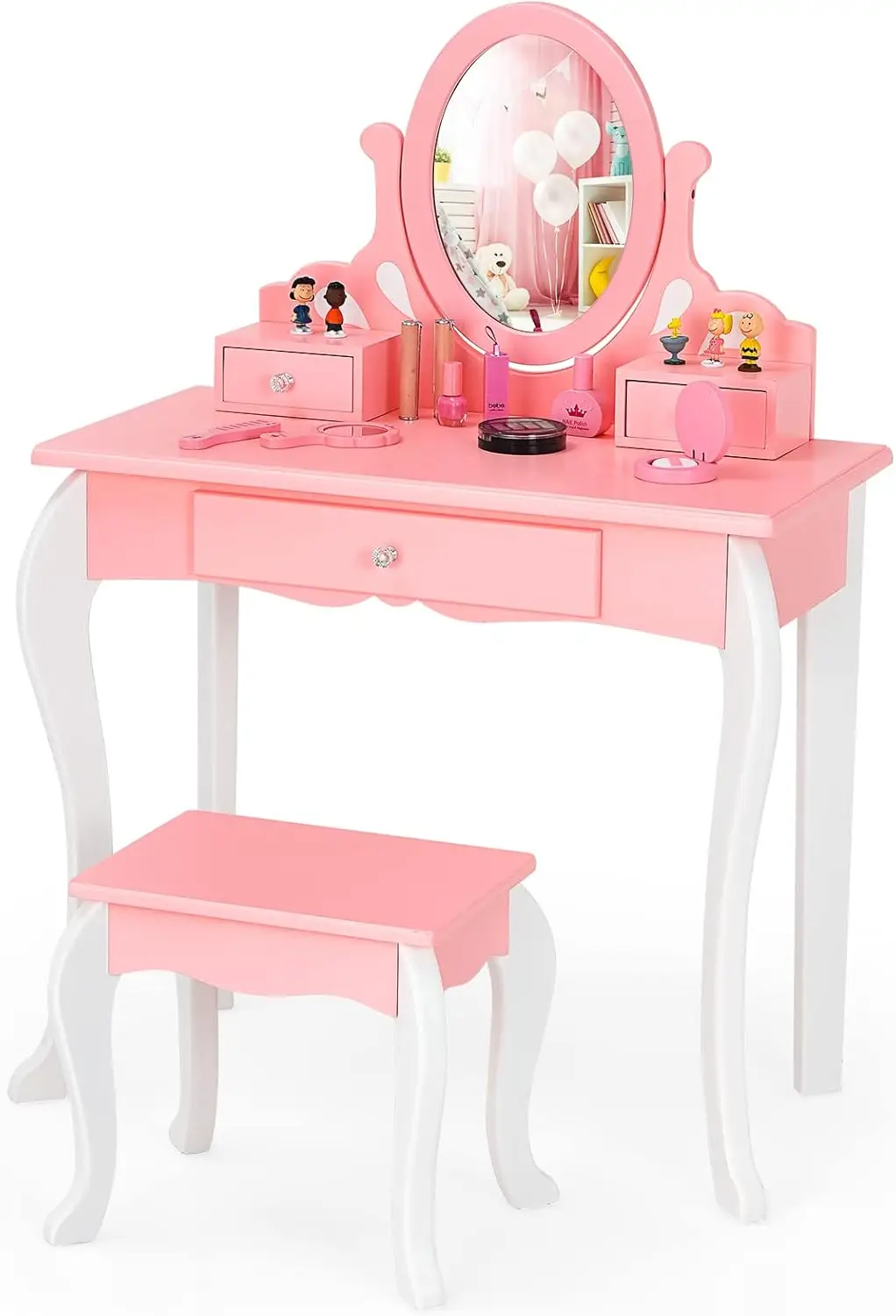 

Kids Vanity Set W/Mirror And Stool, 2 In 1 Wooden Princ Makeup Dressing Table W/ 360° Rotating Mirror, Detachable Top & Storage