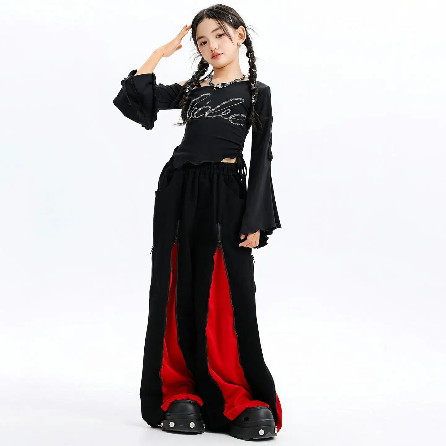 키즈 케이팝 힙합 의류 블랙 원숄더 사이드 타이 티셔츠 레드 캐주얼 지퍼 와이드 레그 팬츠 소녀 댄스 의상
