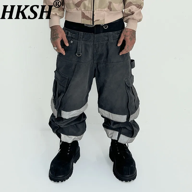 HKSH Spring Autumn New Men Punk Double Waist Detachable Washed Patchwork Cargo Pants Dark Casual Multi-pocket Ins Design HK18804