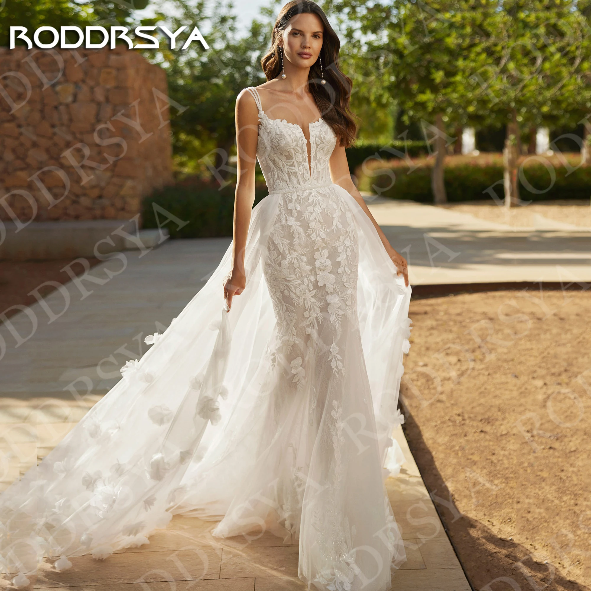 

RODDRSYA Boho Mermaid Wedding Dresses Spaghetti Straps Lace Applique Tulle Bridal Dress Detachable Train Luxury Woman Customized