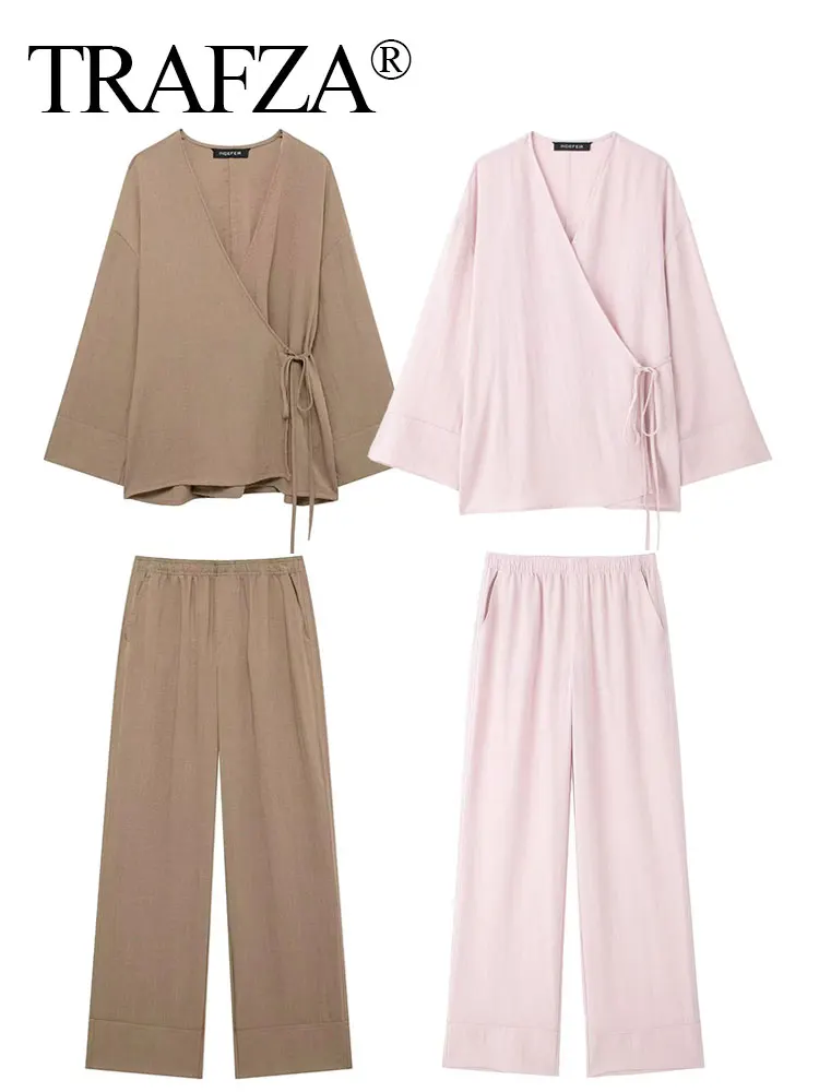 TRAFZA Women Elegant Pink Blouse Pant Suit Long Sleeve V Neck Lace Up Shirt Elastic Waist Trouser Pajama Style High Quality Sets