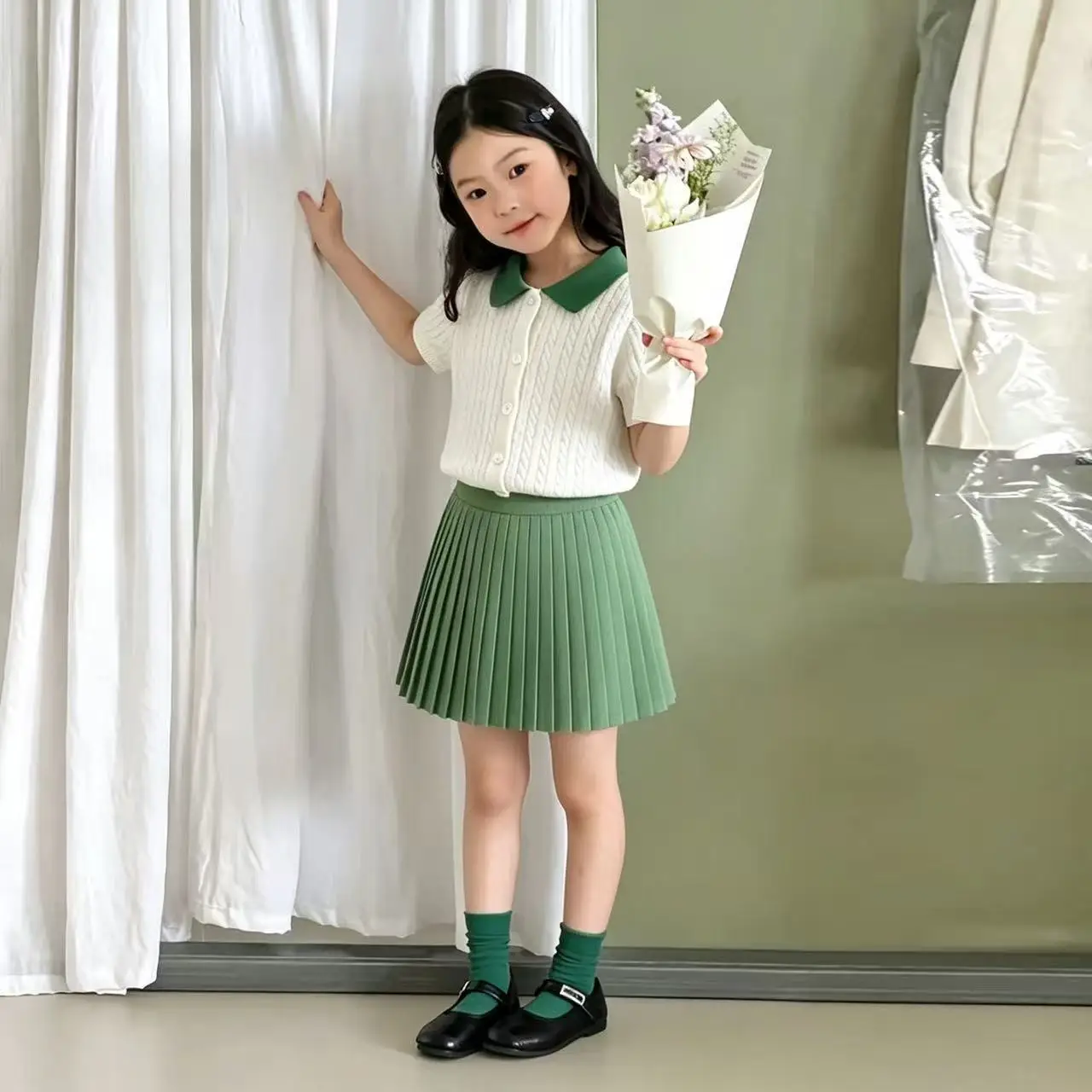 Girls Summer Outfit Fashionable Children's Turn-down Collar Knitted Twisted Short Sleeve Top plus Pleated Skirt 2-Piece Set 2-7Y