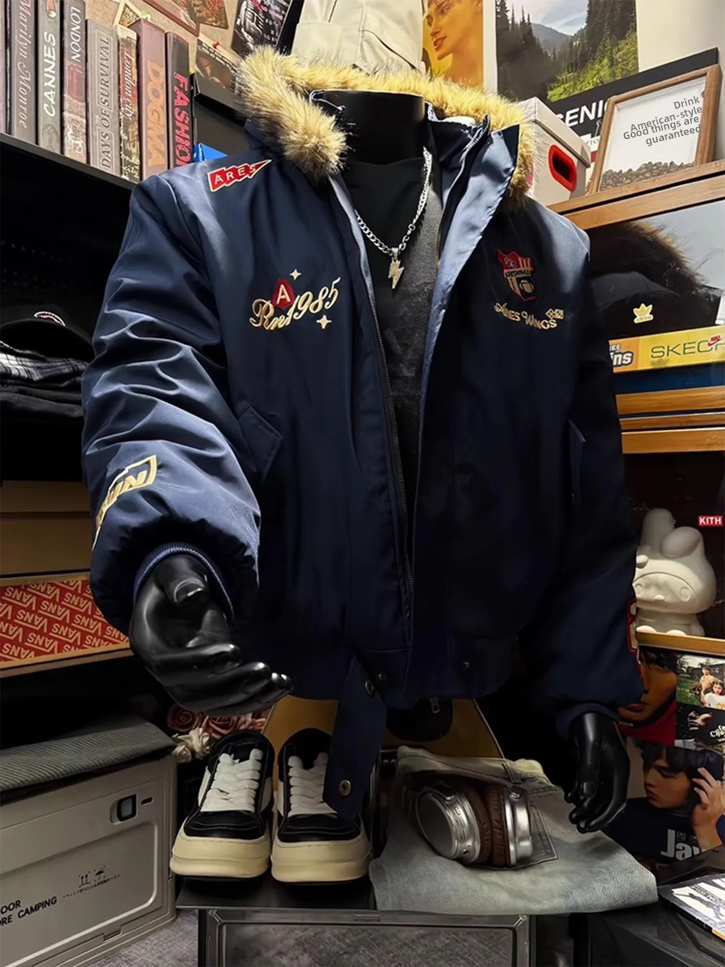 

Хлопковая куртка со съемным капюшоном, мужская зимняя хлопковая одежда в американском стиле ретро с вышивкой, уличное пальто, теплое Thi Long Sve