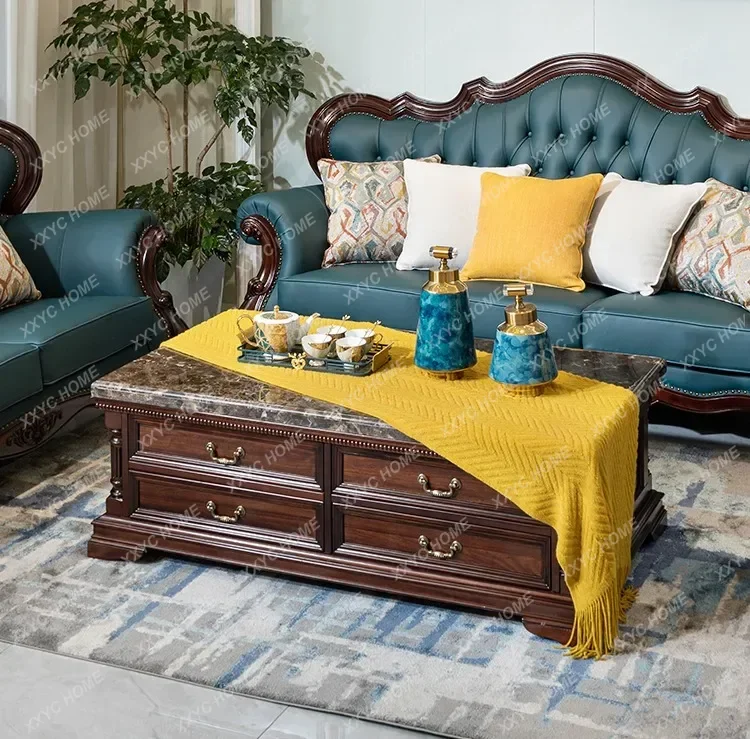 

Marble coffee table all solid wood retro luxury with drawers storage rectangular locker