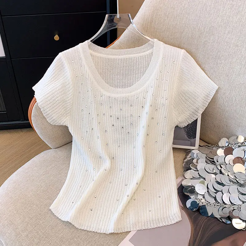 Knitted T-shirts Women Tops Slim Retro Kawaii Candy Color Short-sleeve Summer Retro Teens Young Girlish Chic Tee Pullover Q897