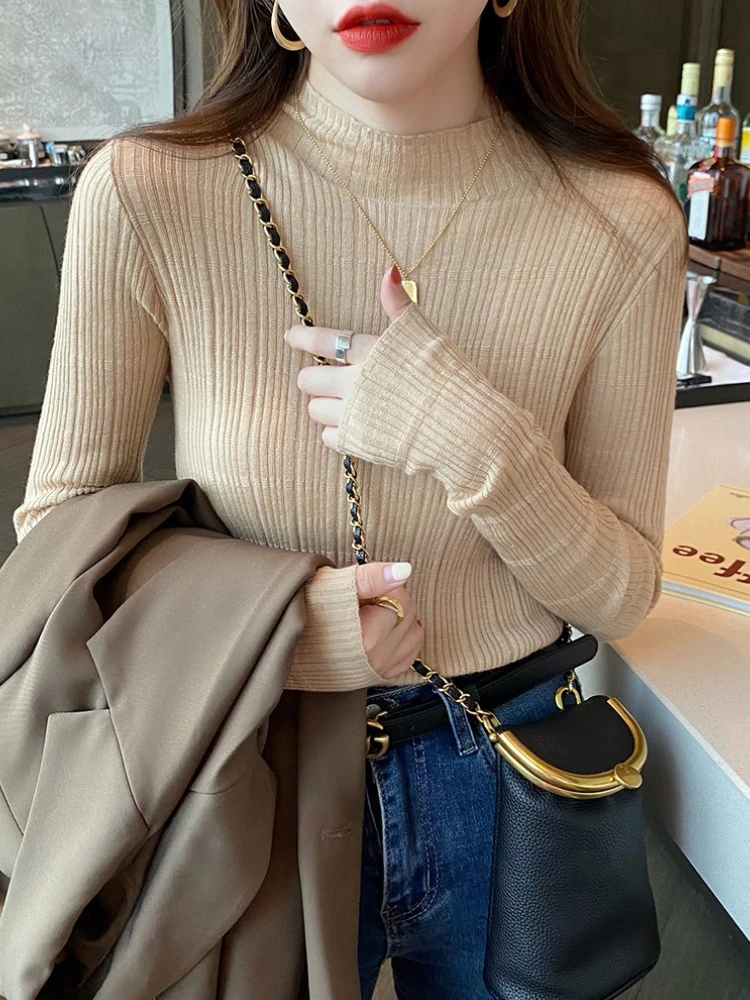 

2025 корейский повседневный тонкий простой шикарный пуловер, зимняя водолазка, женский свитер, винтажный однотонный вязаный базовый топ