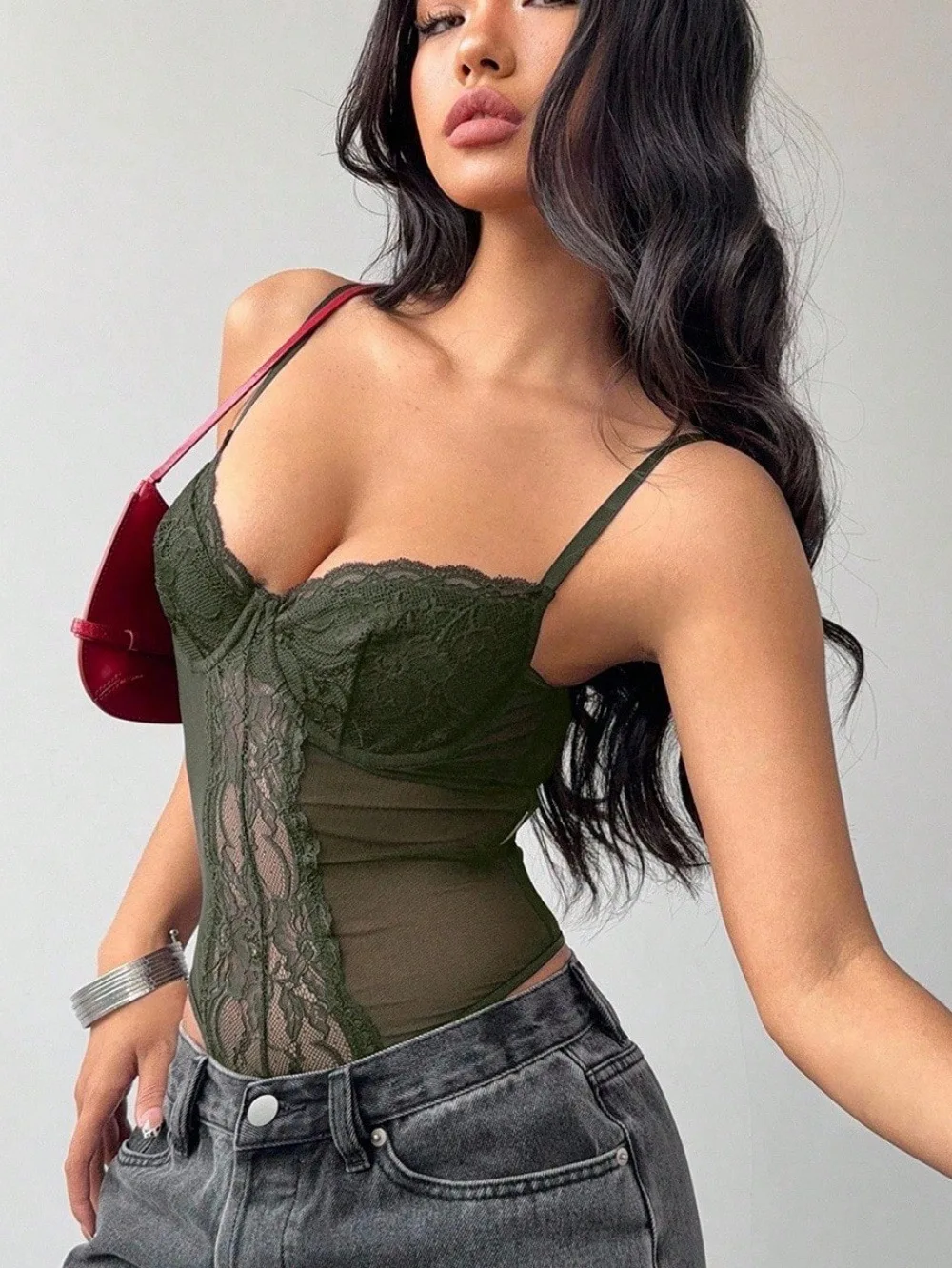 

Sexy Lace Trim Bodysuit Women's See-tough Strap Vest Base Layer Hot Girl Steel Ring V-ne ort Sle Floral Pattern