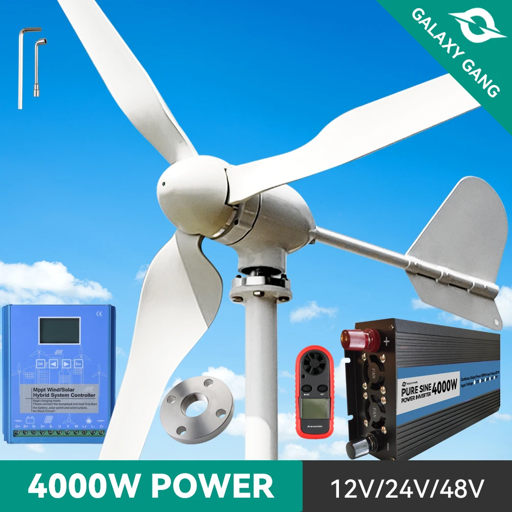 4000W Wind Turbine 12v 24v 48v Generator Low Start Windmill Speed Free Alternative Energy 3Blades With MPPT Hybrid Controller