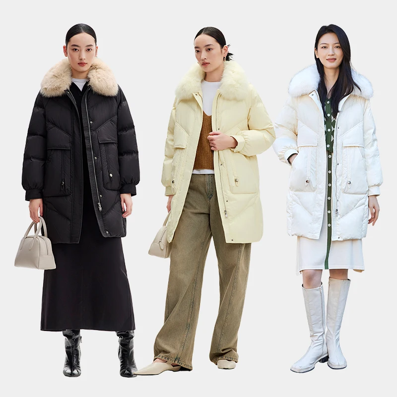 Chericom 겨울 중간 길이 다운 재킷 오리털 충전 폭스 퍼 칼라 플랩 포켓 고급스러운 따뜻한 두꺼운 외투 Y289207B