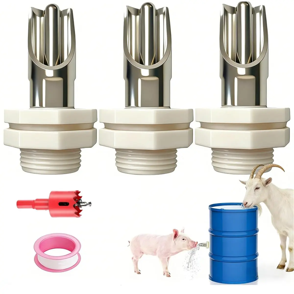 Y17A 3-Pack Pig Nipple Waterer - Stainless Steel Automatic Hog Waterer with Leak-Proof Tank Connectors