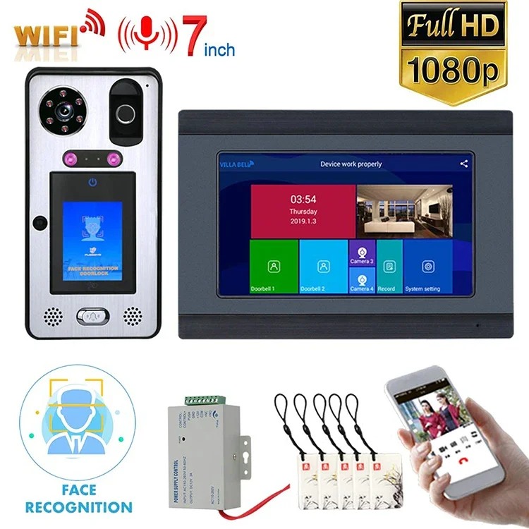 7 inch Wifi Face Recognition Fingerprint IC Video Door Phone Intercom System with 1080P Camera Support Remote APP unlocking