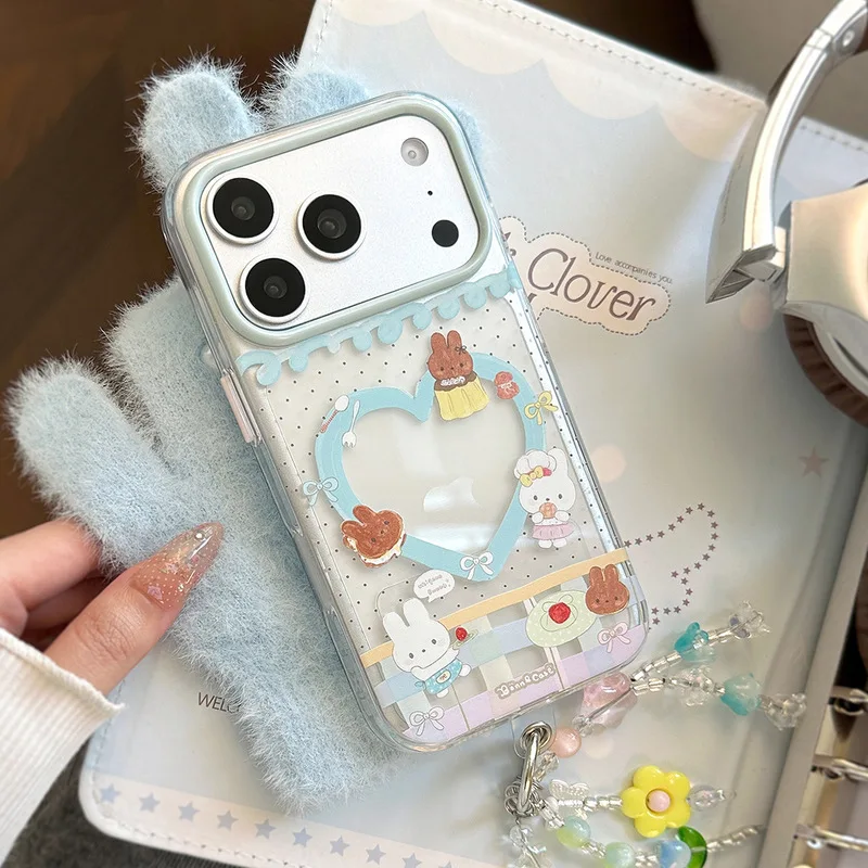 Kawaii Cute Cartoon Bunny Pattern Soft TPU Shockproof Phone Case Protective Cover With Hand Chain Strap for iPhone 17 Pro Max