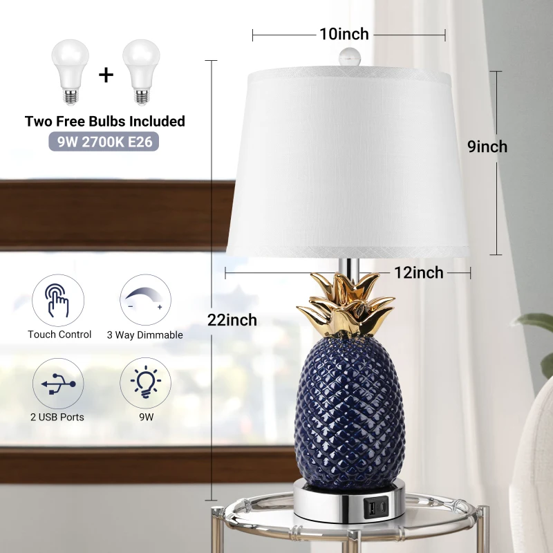 22 Inch Pineapple Set Of 2 3 Way Dimmable Ceramic Lamp Navy Blue Modern Living Room Lamp With USB Port Coastal Tall Table Lamps