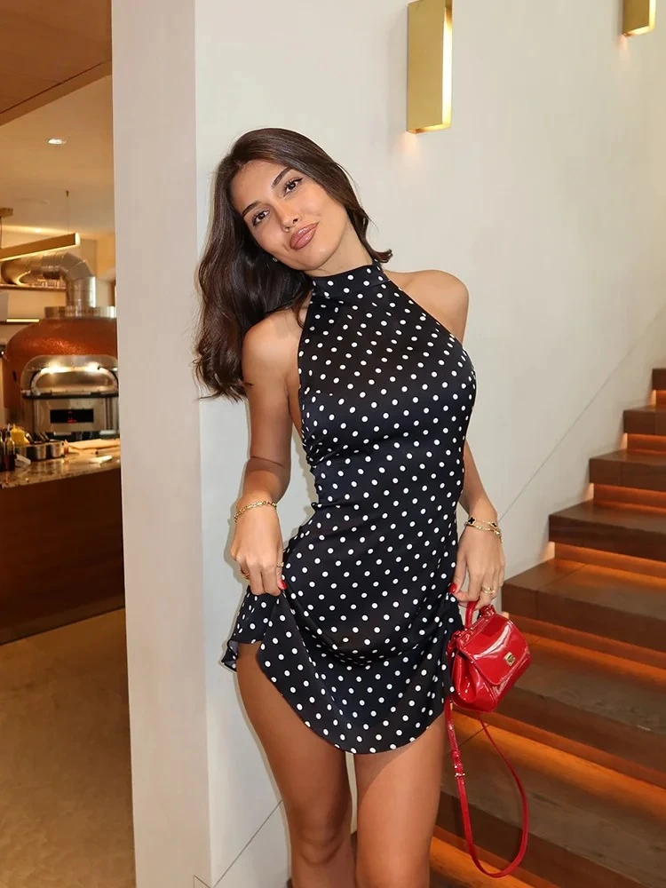 

Dot Prints Halter Backless Sleeveless Elegant Party Outfits Women Dresses Summer Sheath Fashion Female Bodycon Trendy mini dress