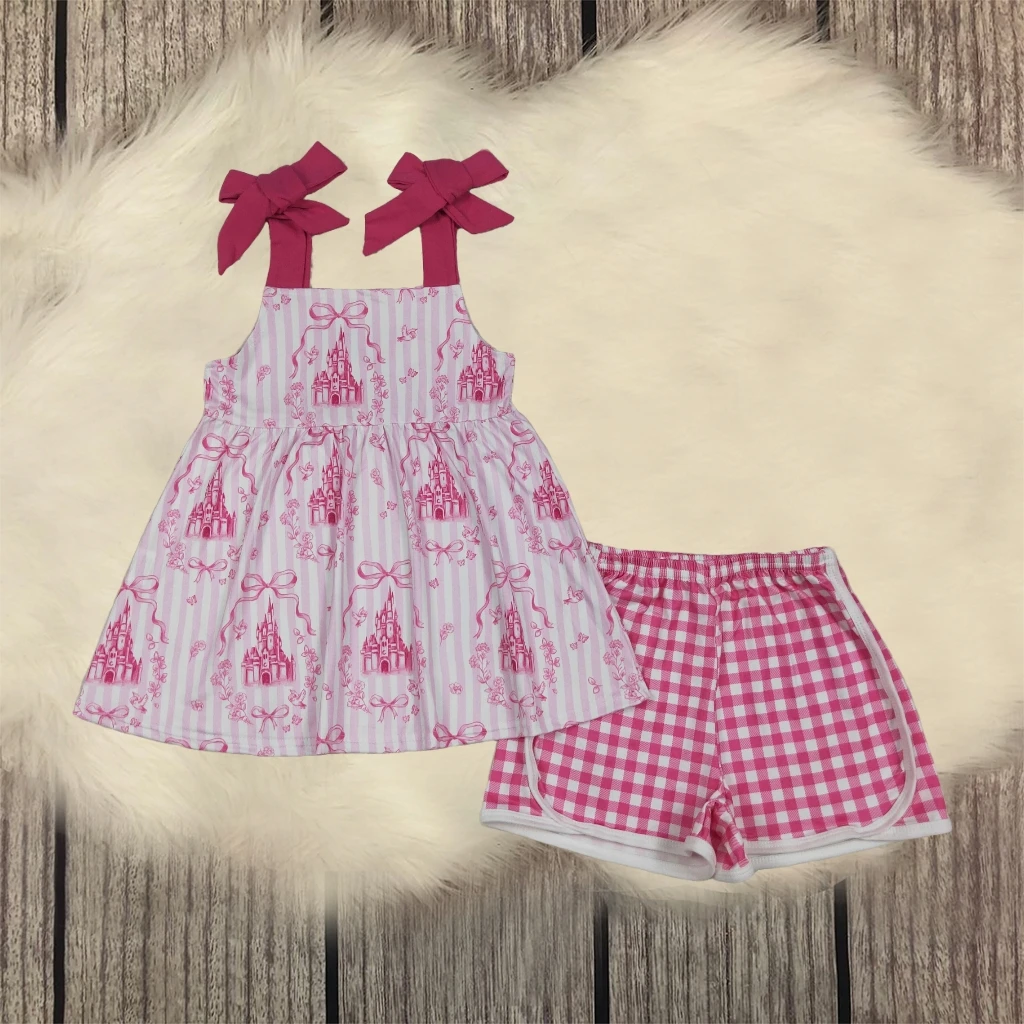

Toddler Sleeveless Strap Castles Bows Tunic Kids Plaid Shorts Baby Girl Set Children Summer Infant Two Pieces Outfit Wholesale