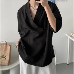 Japanese Style Streetwear Thin Oversized Summer V Neck Short Sleeve Men Sweatshirt Fashion Harajuku Casual T Shirt White Black