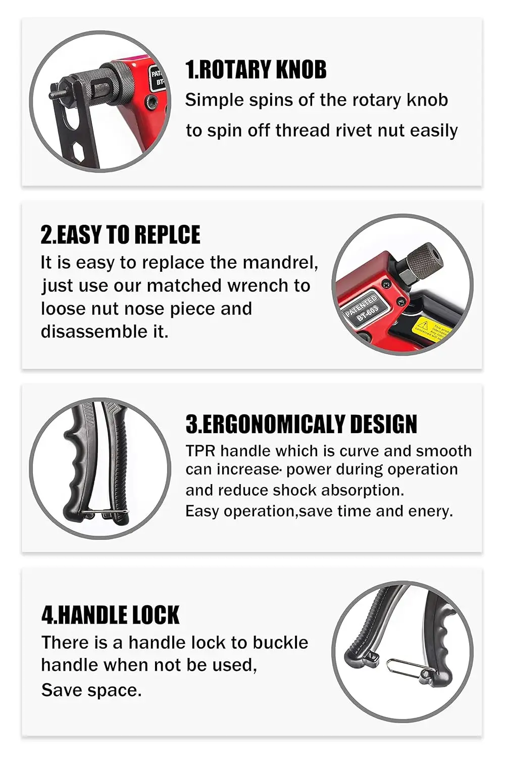8-Inch Rivet Nut Gun with M3-M6 and SAE Threads, Hand Riveter Tool for Easy Fastening