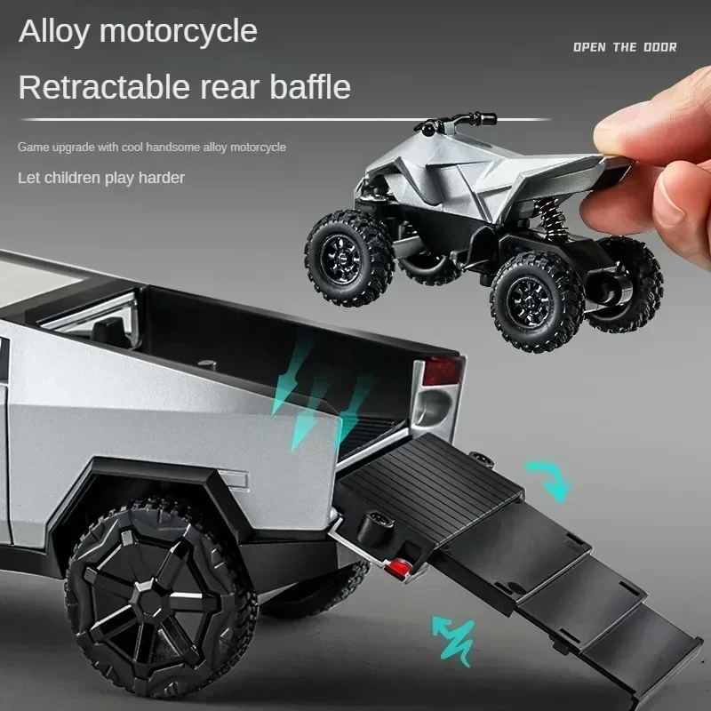 New Cybertruck 1/24 Silver Pickup Model Alloy Cars Diecast Metal Simulation Off-road Vehicles Car with Sound Light for Kids Toys