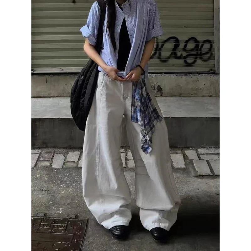 Y2K Amerikaanse Vintage jaren 2000 Stijl Hoge Taille Witte Jeans Broek 2025 Herfst Dames Baggy Wijde Pijpen Denim Broek Vrouwelijke Kleding