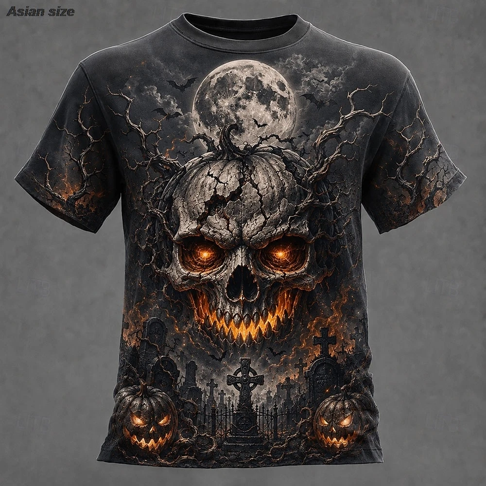 Halloween Men's Skull Optical Illusion T Shirt Short Sleeve T shirt 3D Print Crew Neck Shirt Party Street clothing